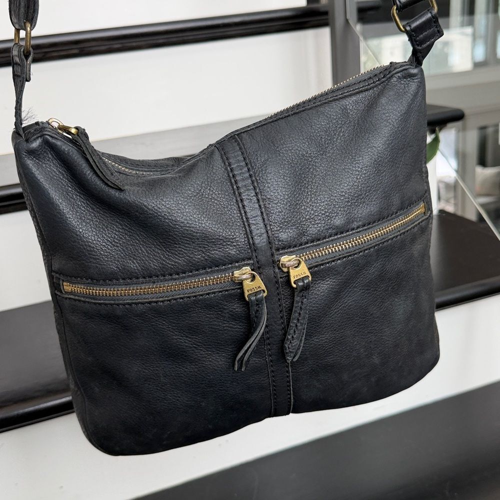 Fossil genuine leather crossbody shoulder handbag purse black soft leather